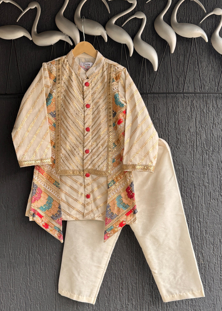 Off White Embroidery Panel Kurta With Pyjama Set
