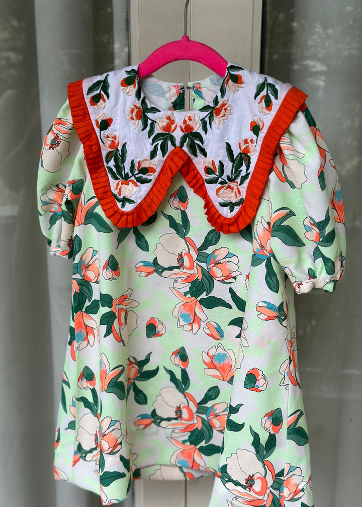 Orange And Light Green Floral Embroidered Collar Dress