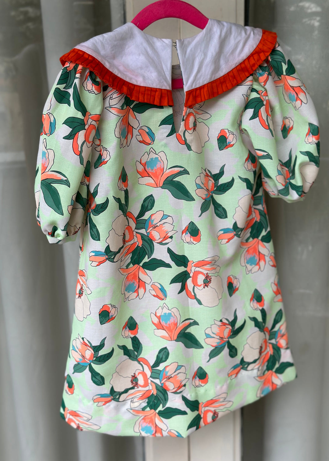 Orange And Light Green Floral Embroidered Collar Dress