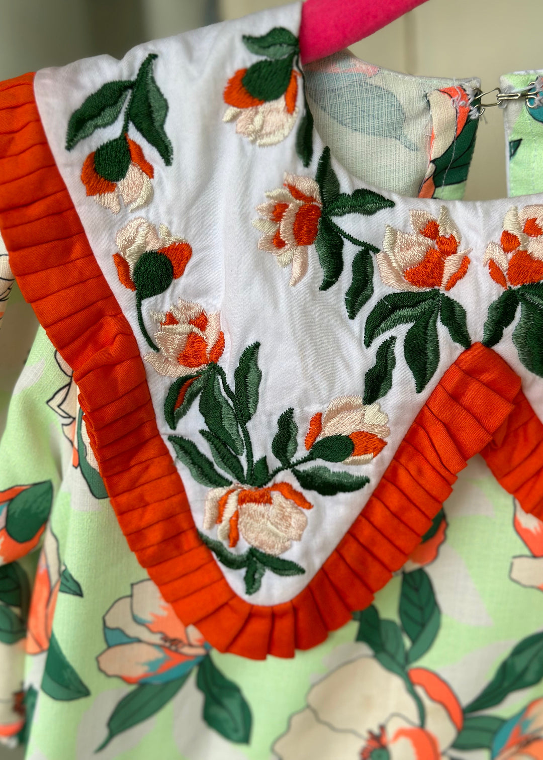 Orange And Light Green Floral Embroidered Collar Dress