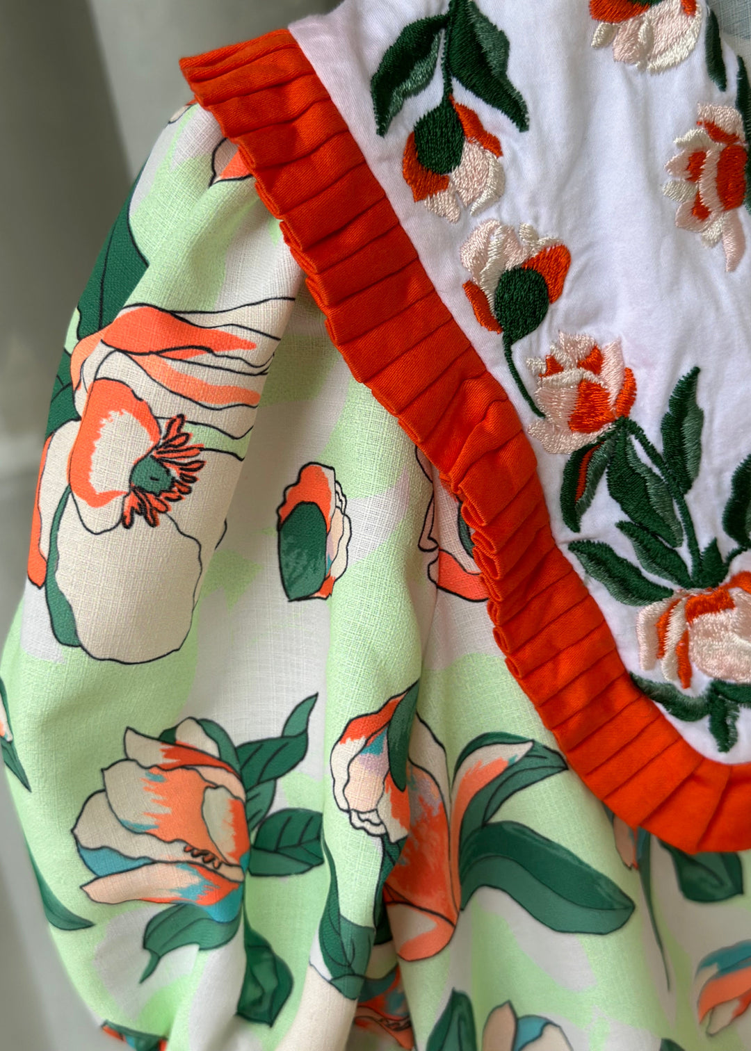 Orange And Light Green Floral Embroidered Collar Dress