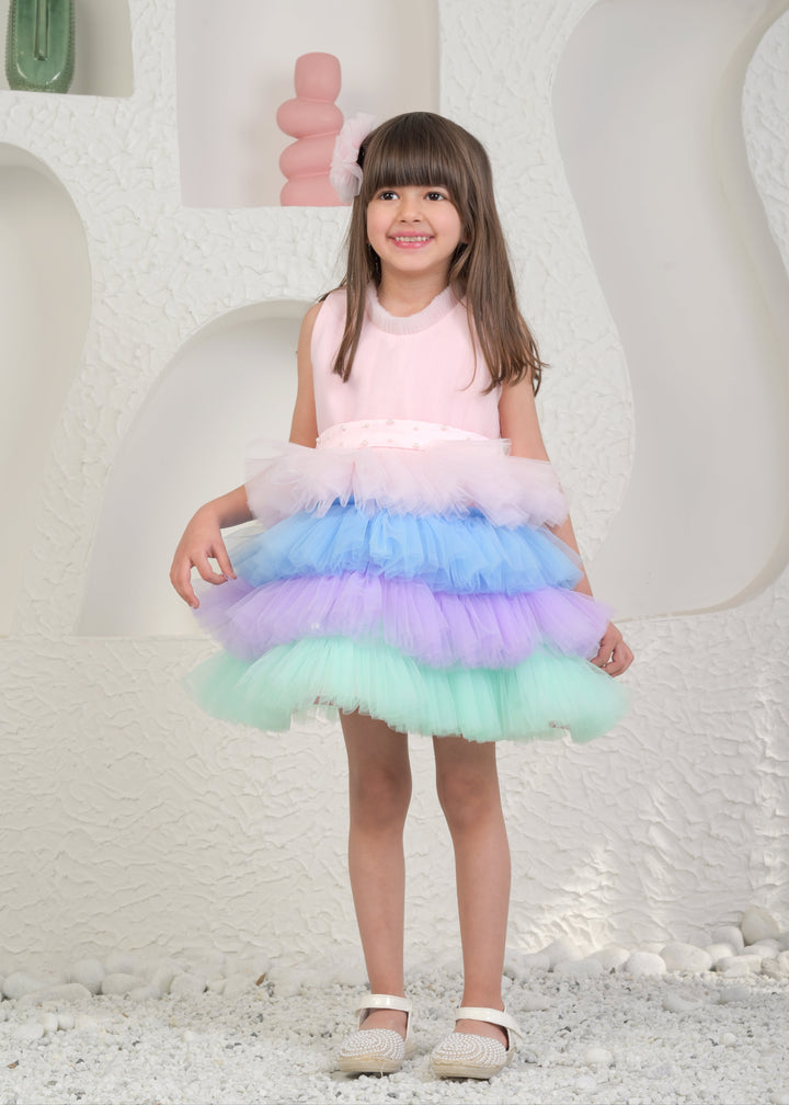 Baby Pink Unicorn Net Ruffle Back Bow Dress