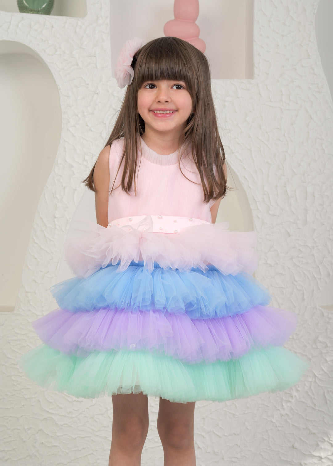 Baby Pink Unicorn Net Ruffle Back Bow Dress