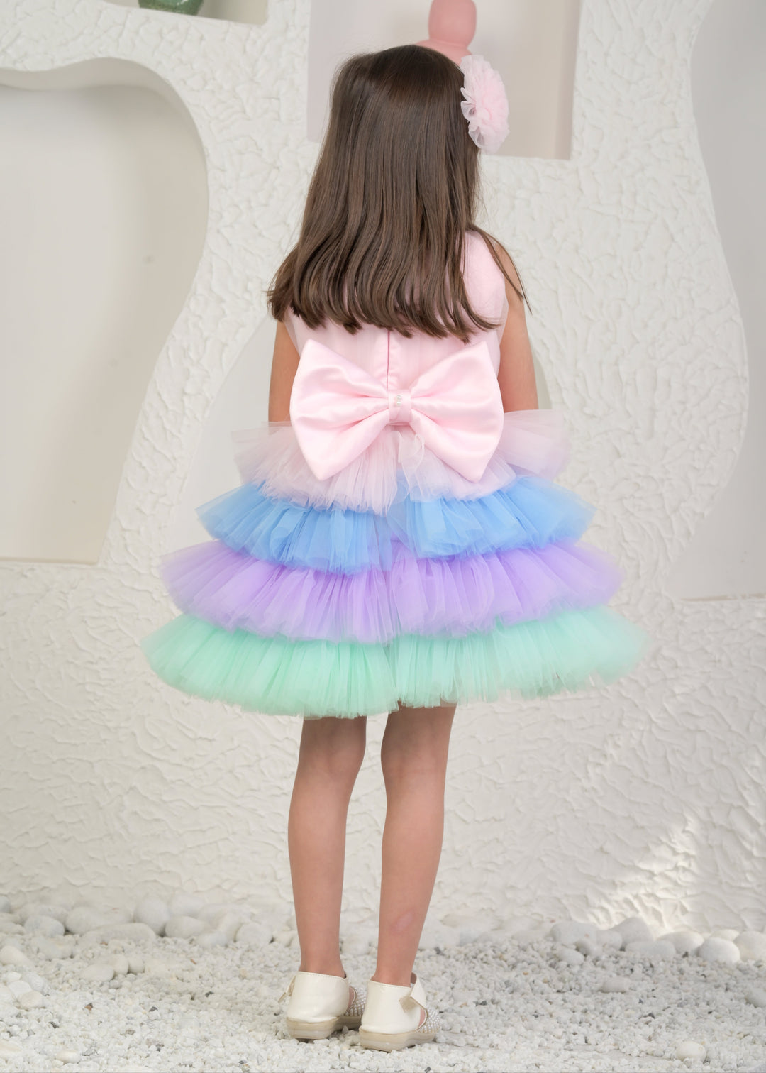 Baby Pink Unicorn Net Ruffle Back Bow Dress