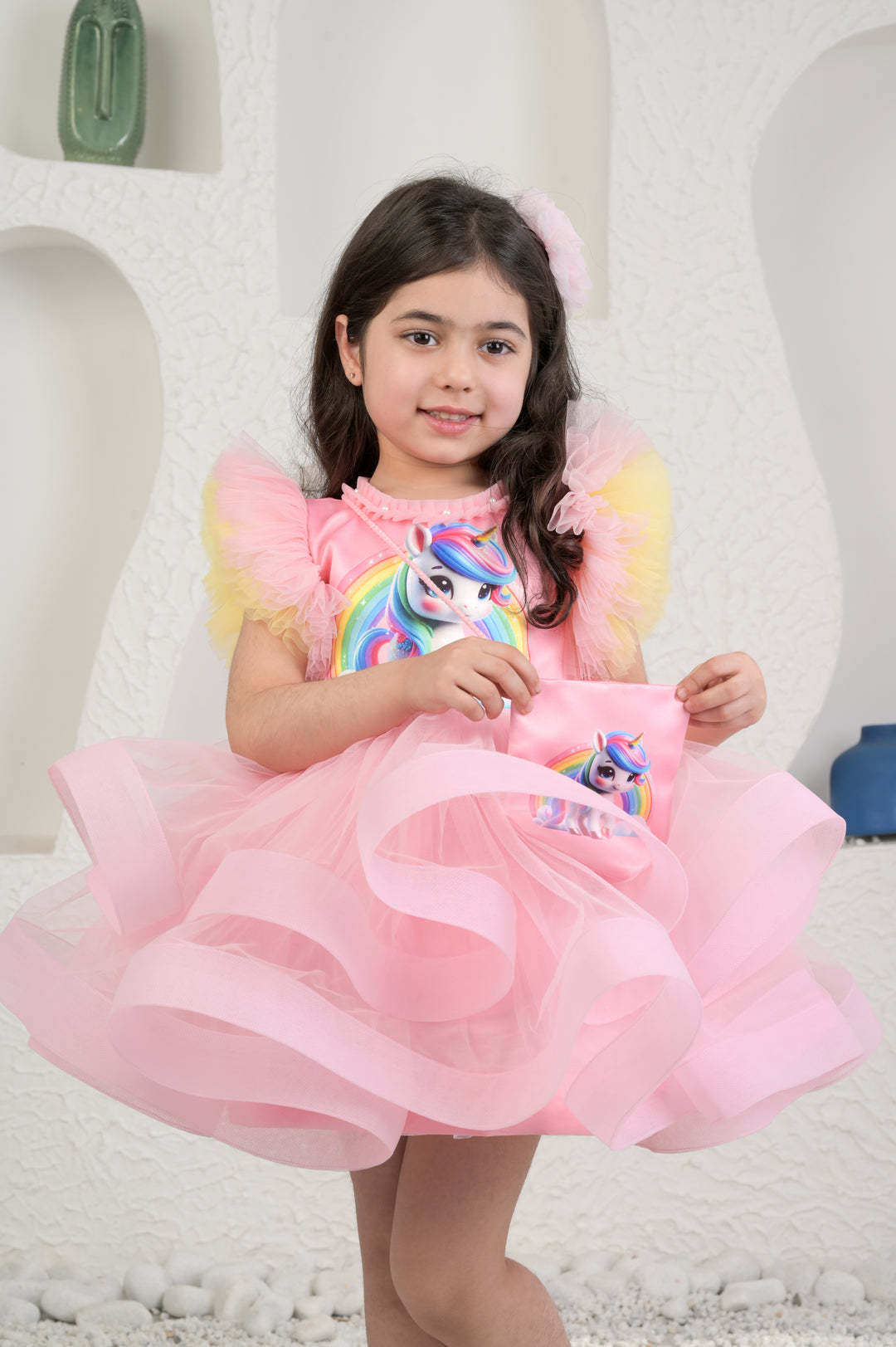 Amara Pink Unicorn Printed Ruffle Dress