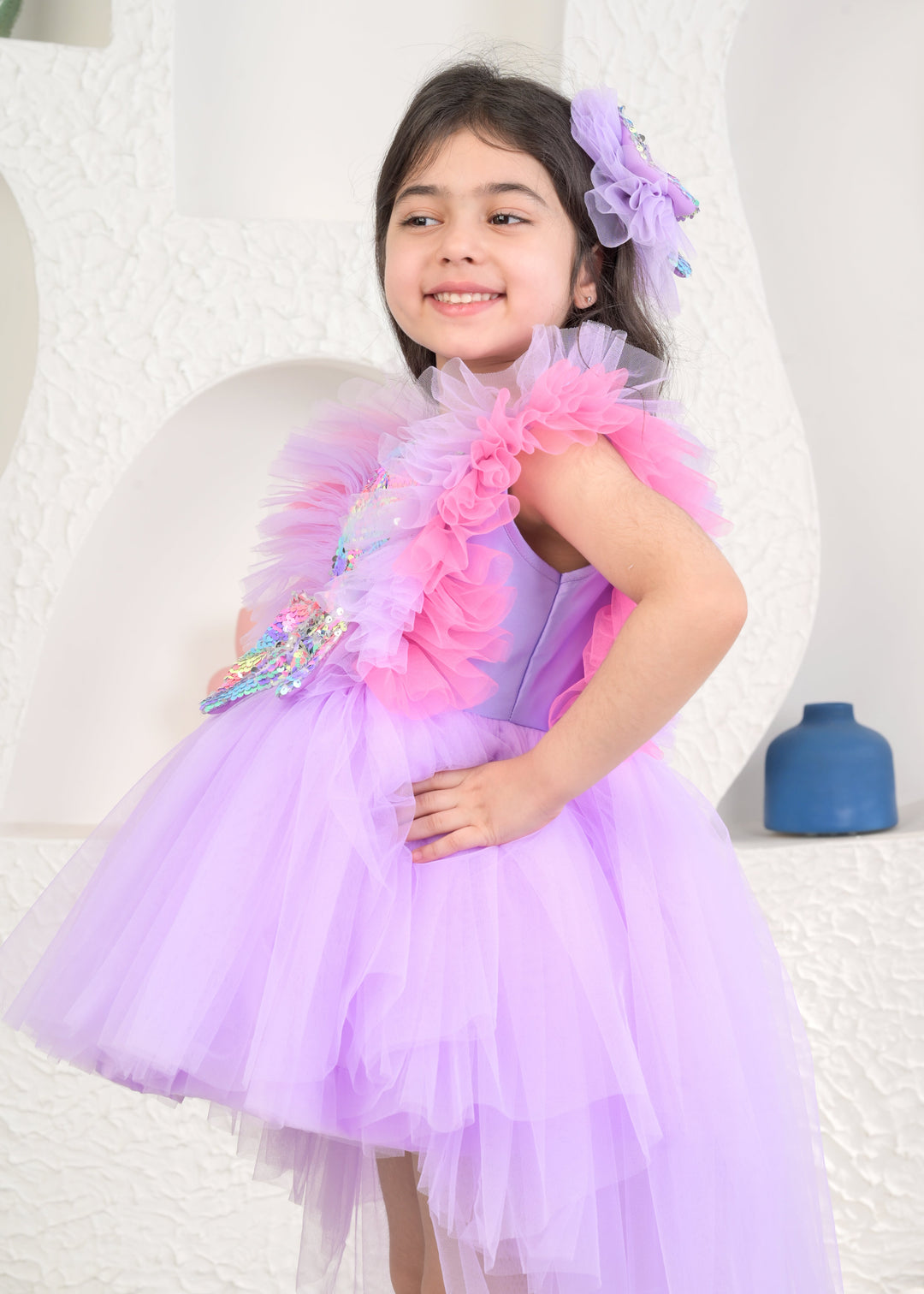 Lily Net Sequins Bow Ruffle Dress