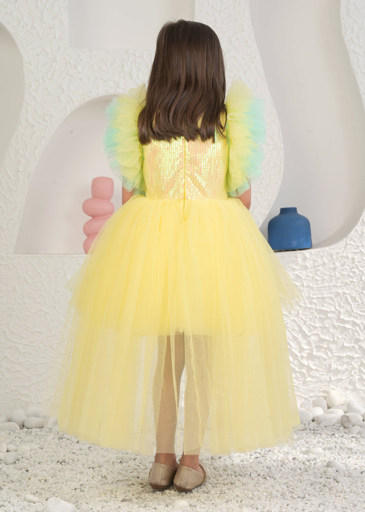Angelica Yellow Net Sequins Bow Dress