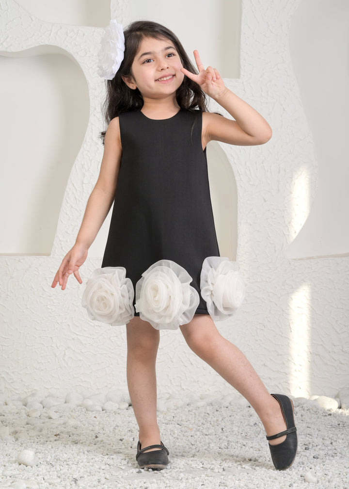 Eleena Black Satin A line Flower Sleeveless Dress