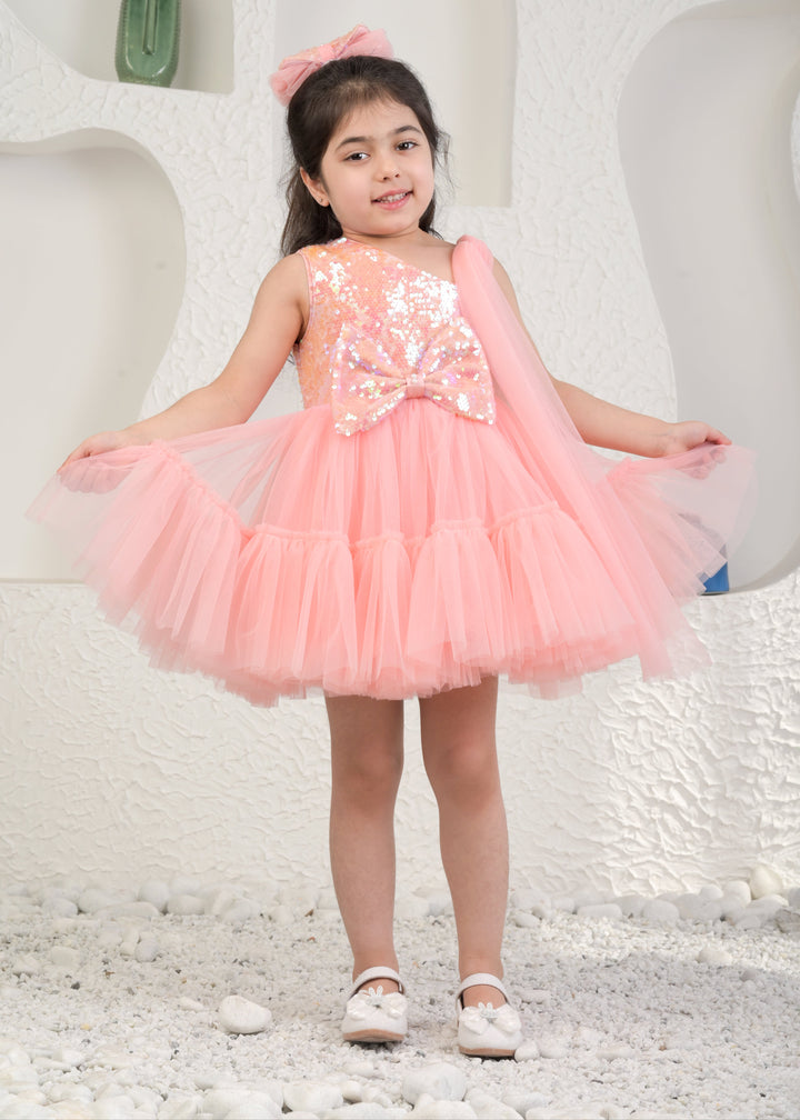 Sophie Peach Satin One Shoulder Bow Dress