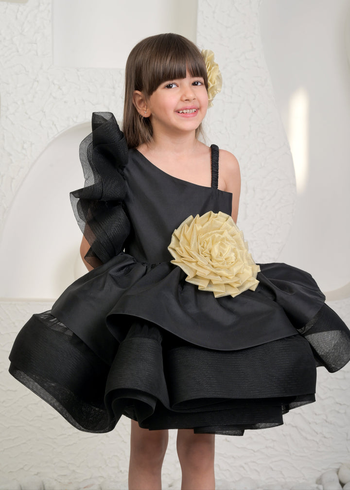Black Golden Net One shoulder Flower Dress