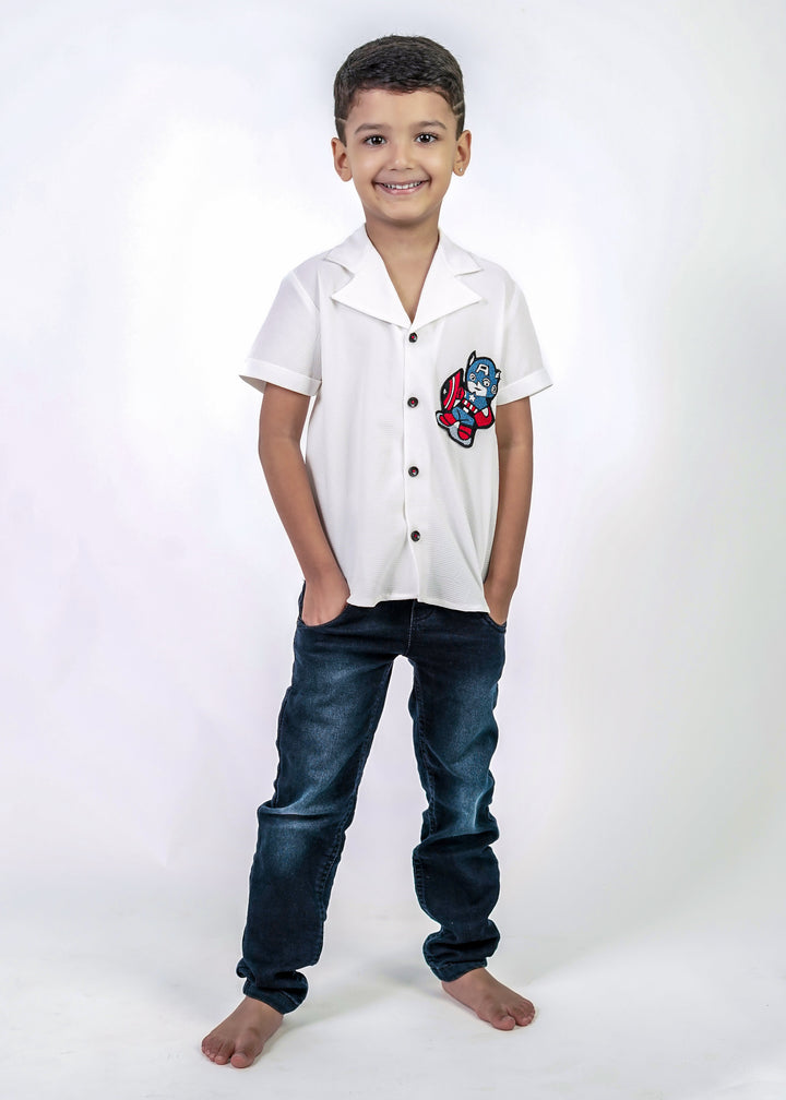 White Imported Fabric Captain America Patch Shirt