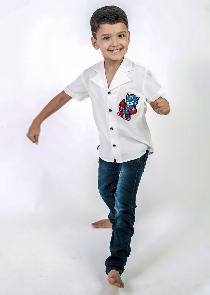 White Imported Fabric Captain America Patch Shirt