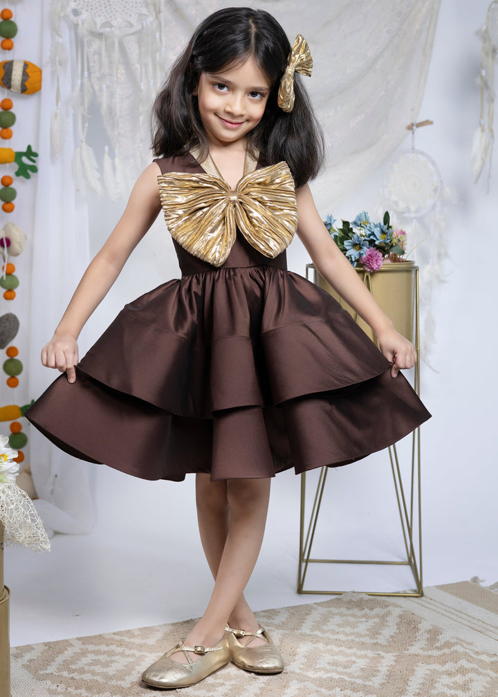 Brown Taffeta Silk Swirl With Golden Big Bow Dress