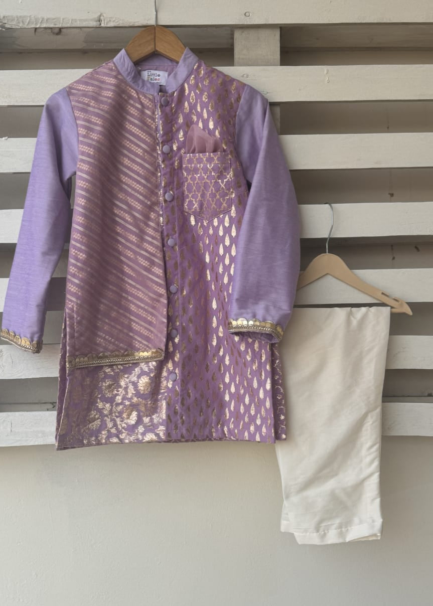 Pastel Purple Cotton Silk Zari Kurta Pyjama with Attached Jacket Set