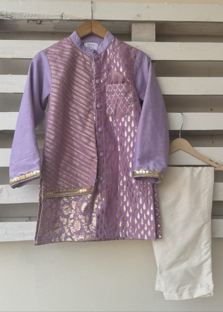 Pastel Purple Cotton Silk Zari Kurta Pyjama with Attached Jacket Set