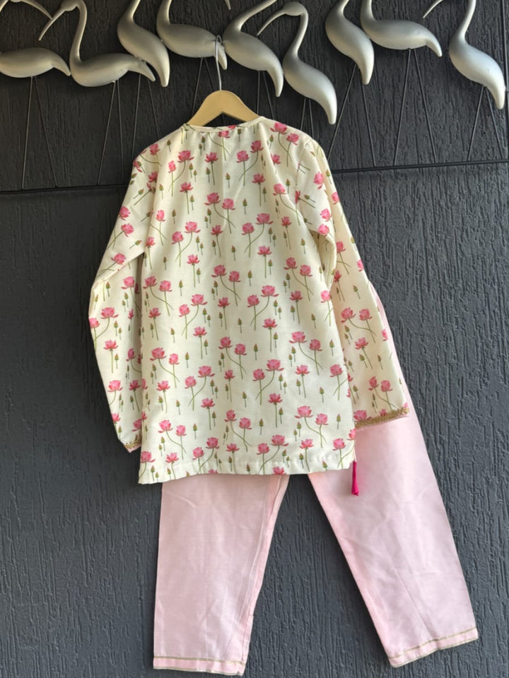 Pink Lotus Printed Cotton Silk Kurta With Pyjama set