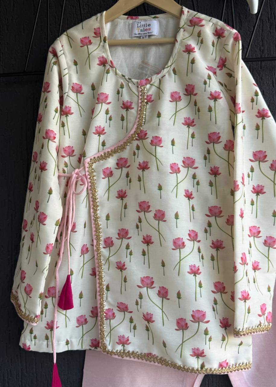 Pink Lotus Printed Cotton Silk Kurta With Pyjama set