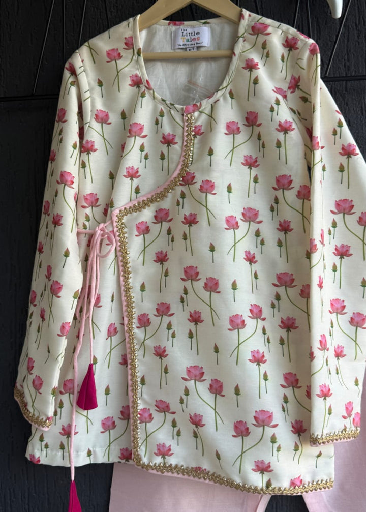 Pink Lotus Printed Cotton Silk Kurta With Pyjama set