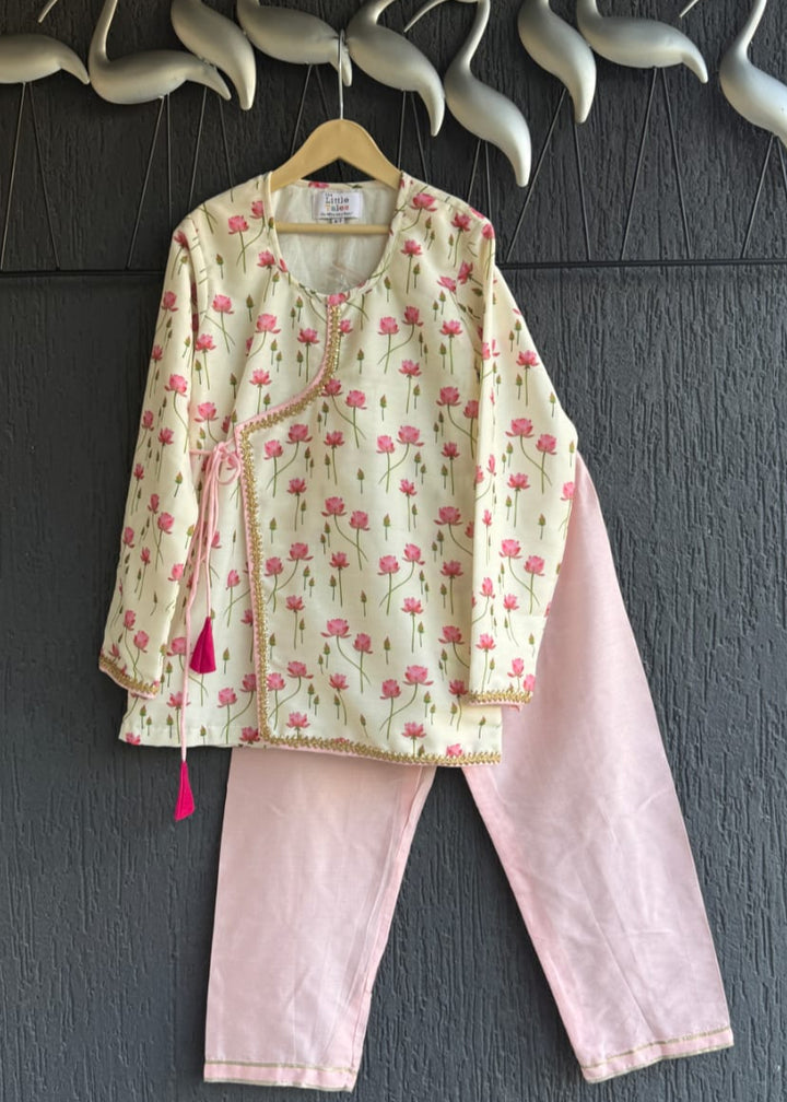 Pink Lotus Printed Cotton Silk Kurta With Pyjama set