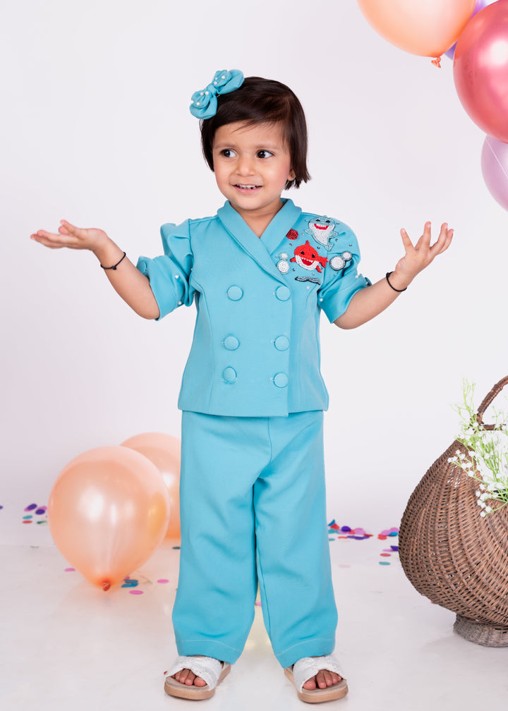 Blue Thick Crepe Baby Shark Theme Blazer Set