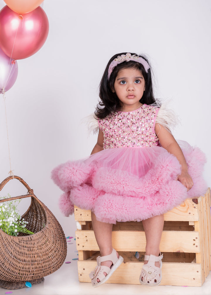 Pink Embellished Layered Ruffle Dress