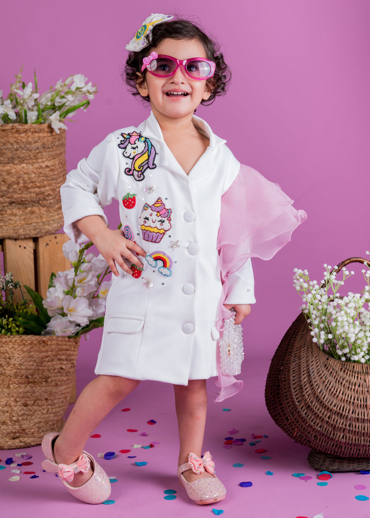 White Unicorn Theme Blazer Ruffle Dress