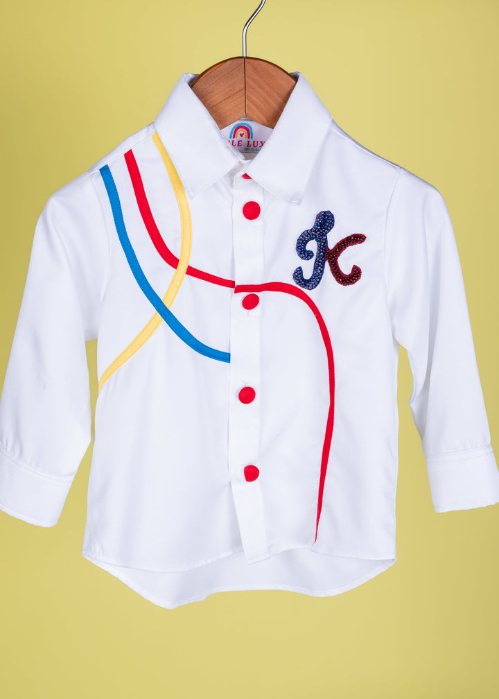 White Full Sleeves With Colorful Lines And Embroidered Customised Shirt