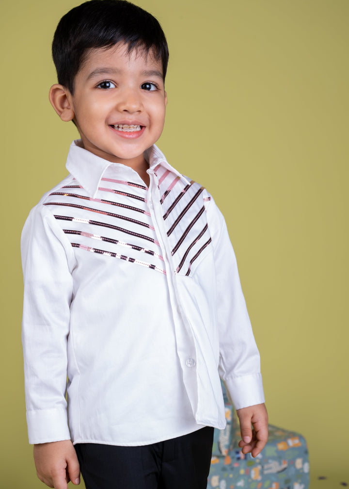 White Full Sleeves With Metallic Rose Gold Strips Shirt