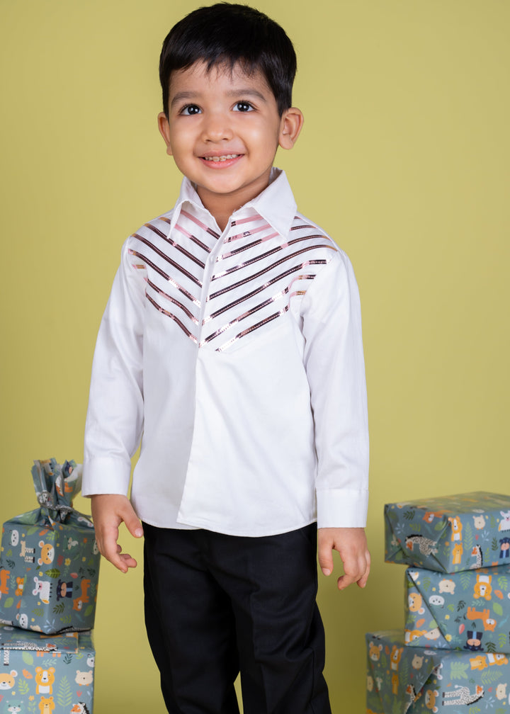 White Full Sleeves With Metallic Rose Gold Strips Shirt