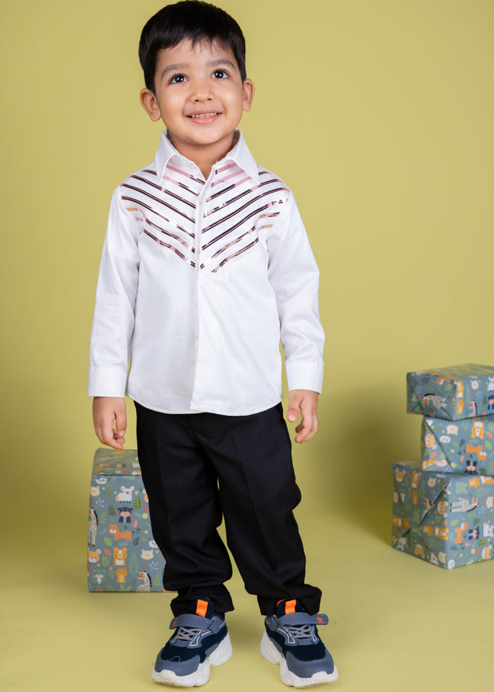 White Full Sleeves With Metallic Rose Gold Strips Shirt