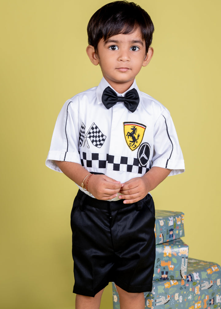 White Racing Theme Embroidered Half Sleeves Shirt With Black Short Set