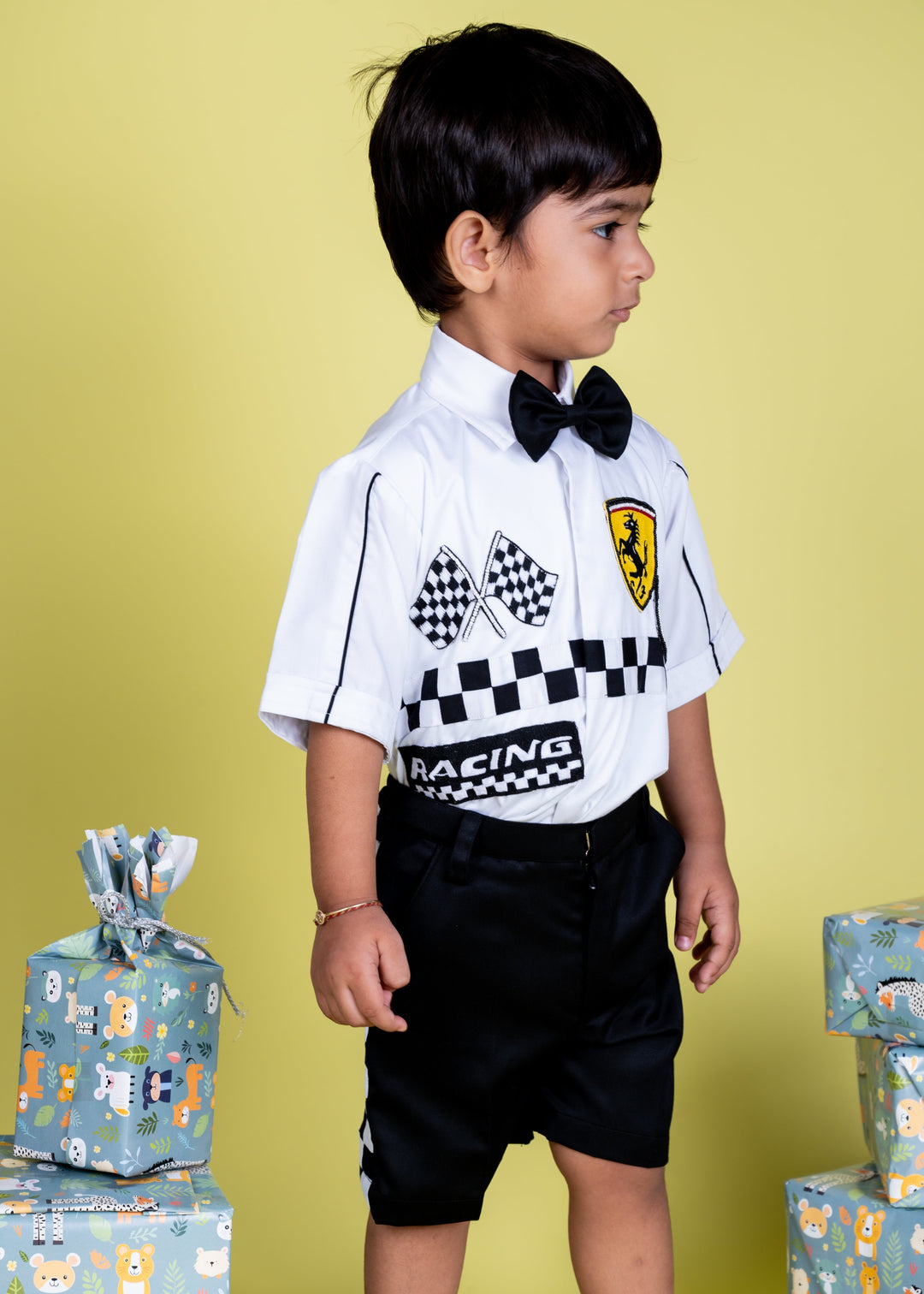 White Racing Theme Embroidered Half Sleeves Shirt With Black Short Set