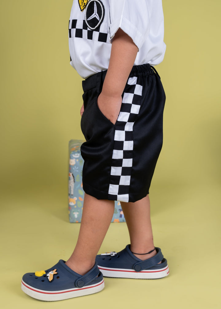 White Racing Theme Embroidered Half Sleeves Shirt With Black Short Set