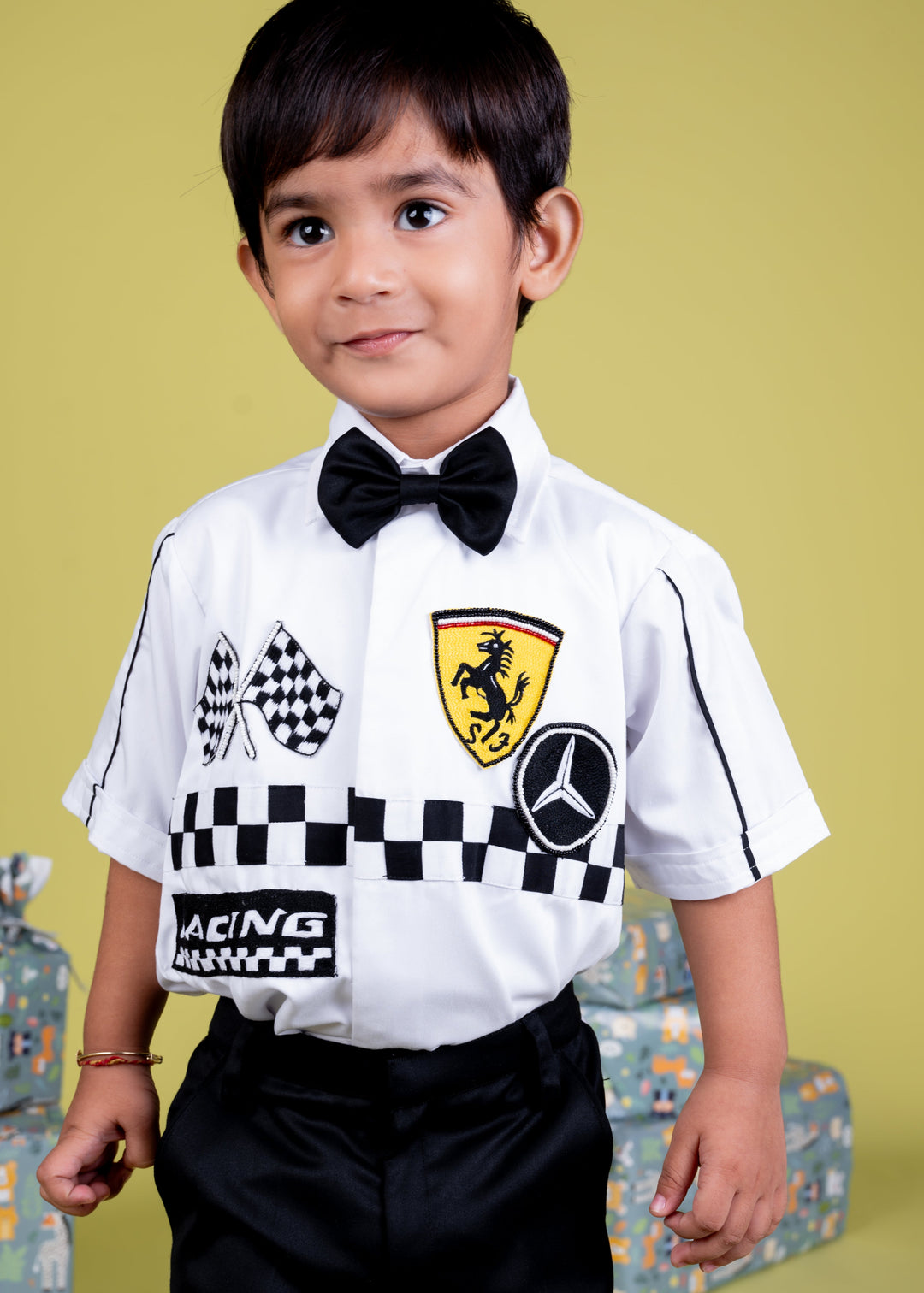 White Racing Theme Embroidered Half Sleeves Shirt With Black Short Set