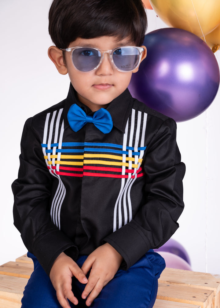 Black Colorful Strips Trendy Full Sleeves Shirt With Bow Set