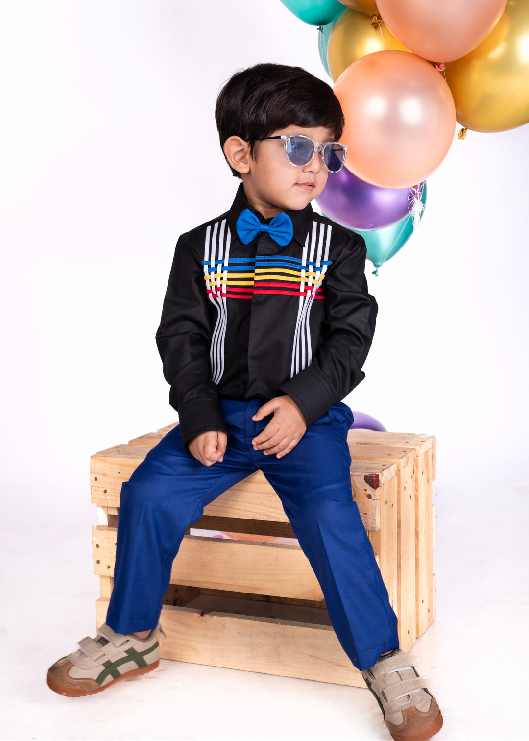 Black Colorful Strips Trendy Full Sleeves Shirt With Bow Set