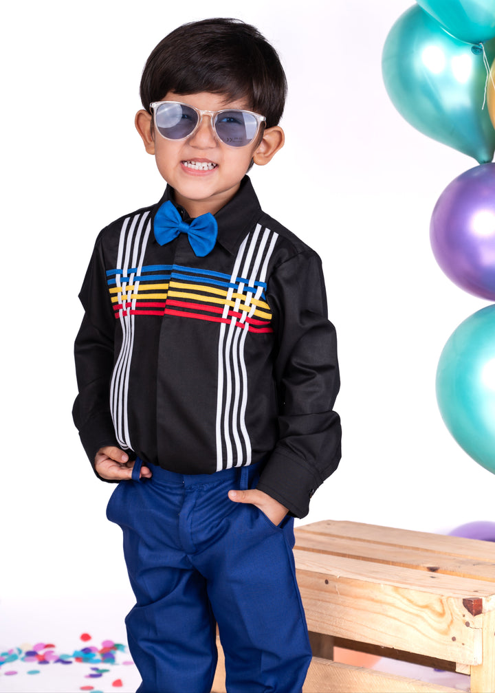 Black Colorful Strips Trendy Full Sleeves Shirt With Bow Set