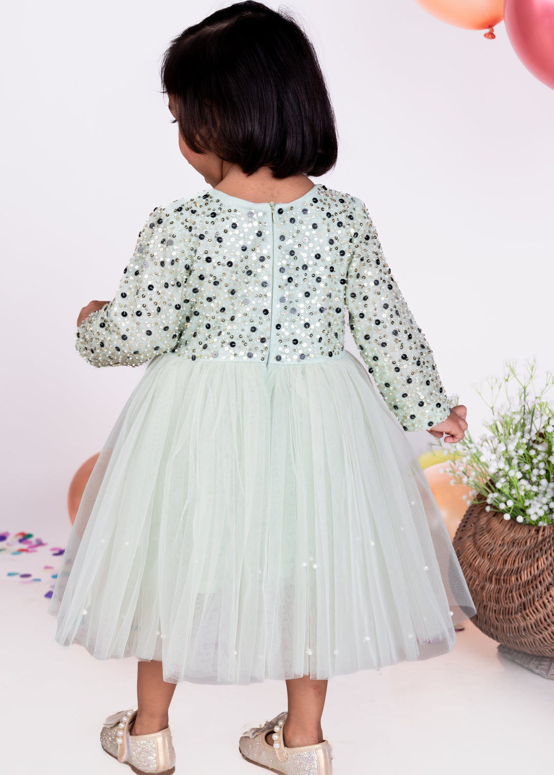 Mint Green Taffeta Heavy Embellished Net Dress
