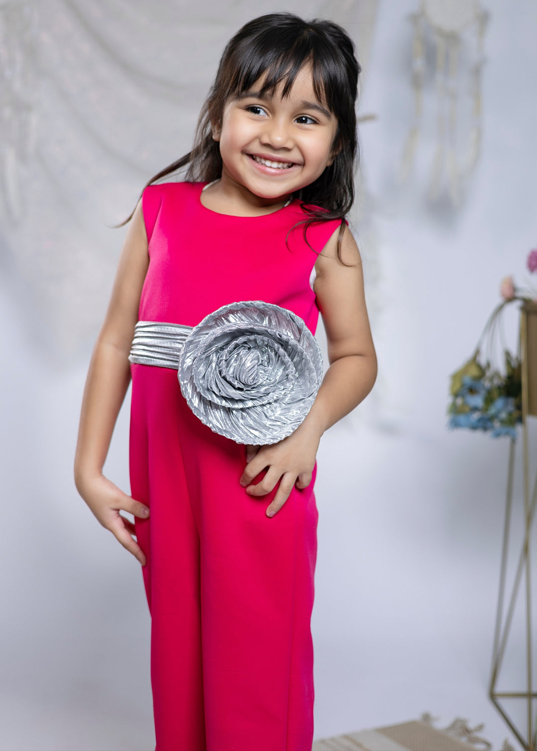 Pink Imported Crepe With Silver Swirl Jumpsuit Set