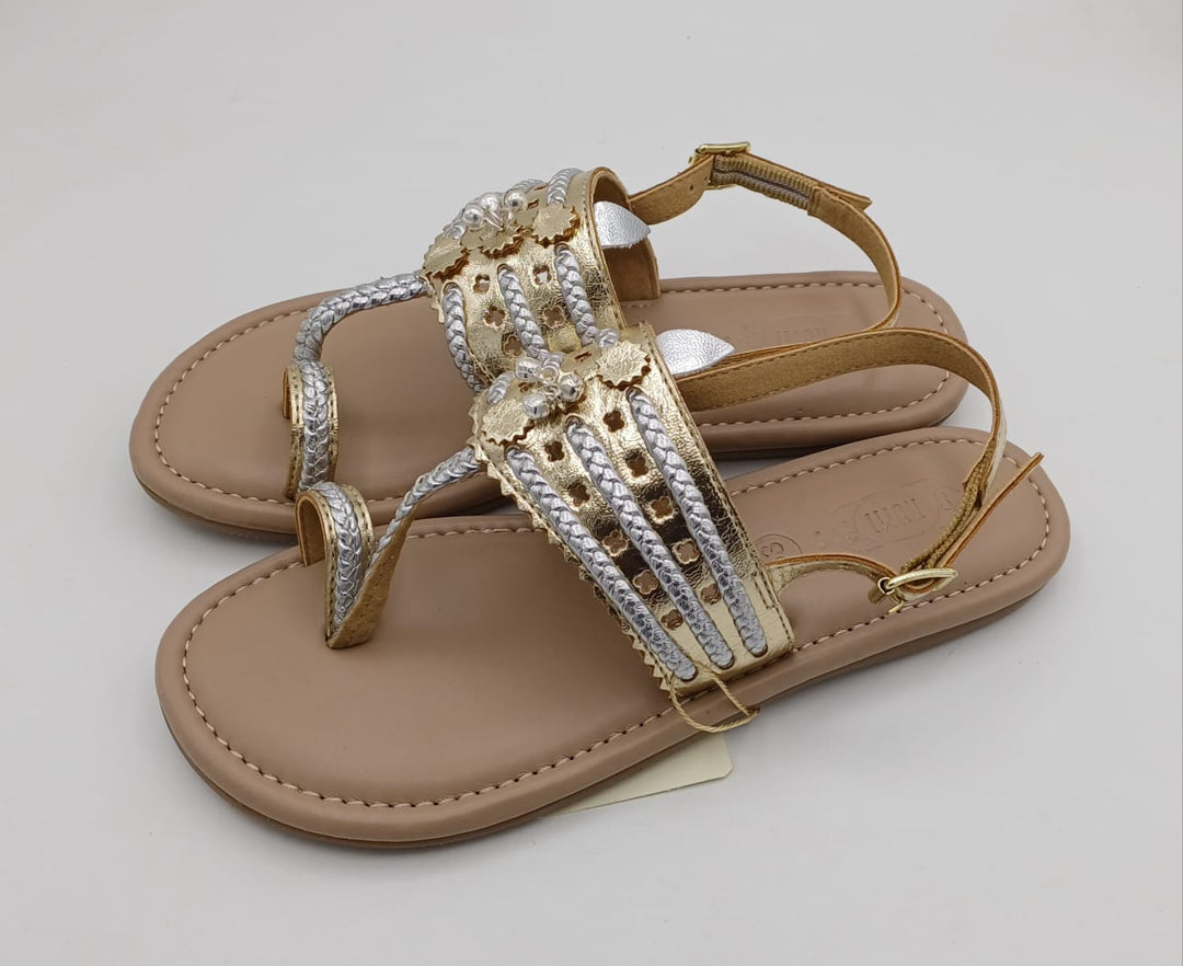 Silver And Gold Beige Detailing Kolhapuri Sandal