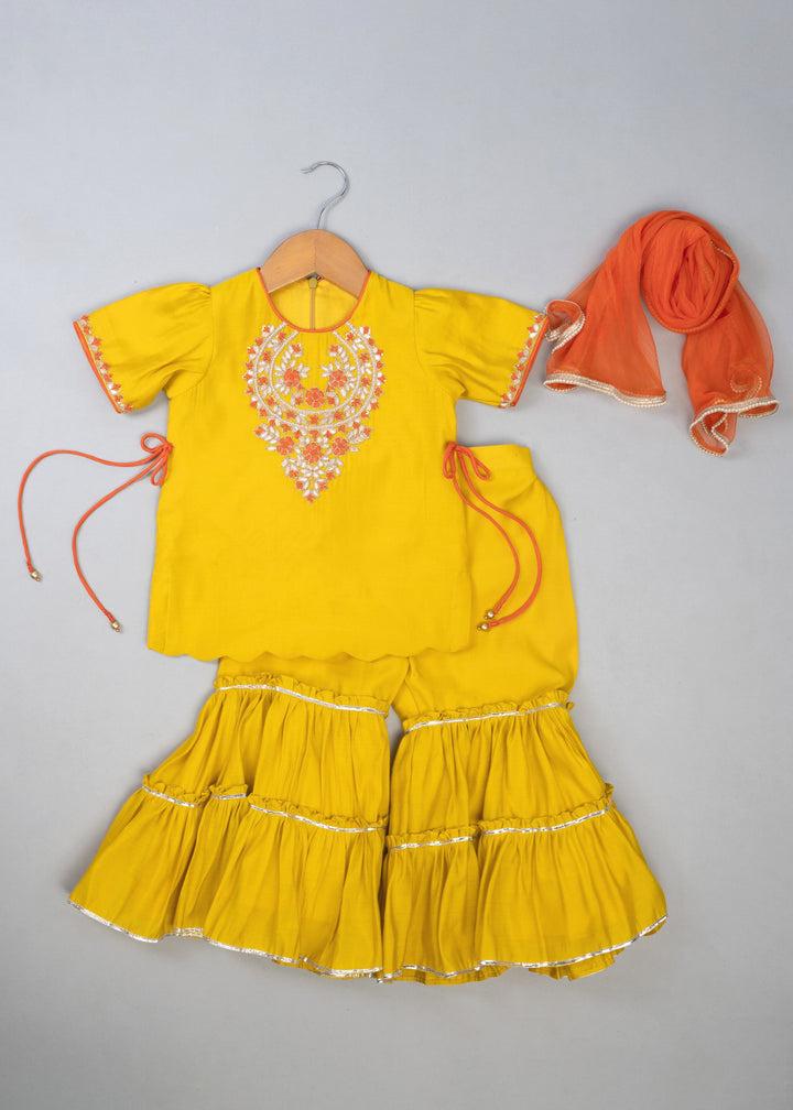 Mustard Cotton Knot Embroidered Kurta With Sharara Set