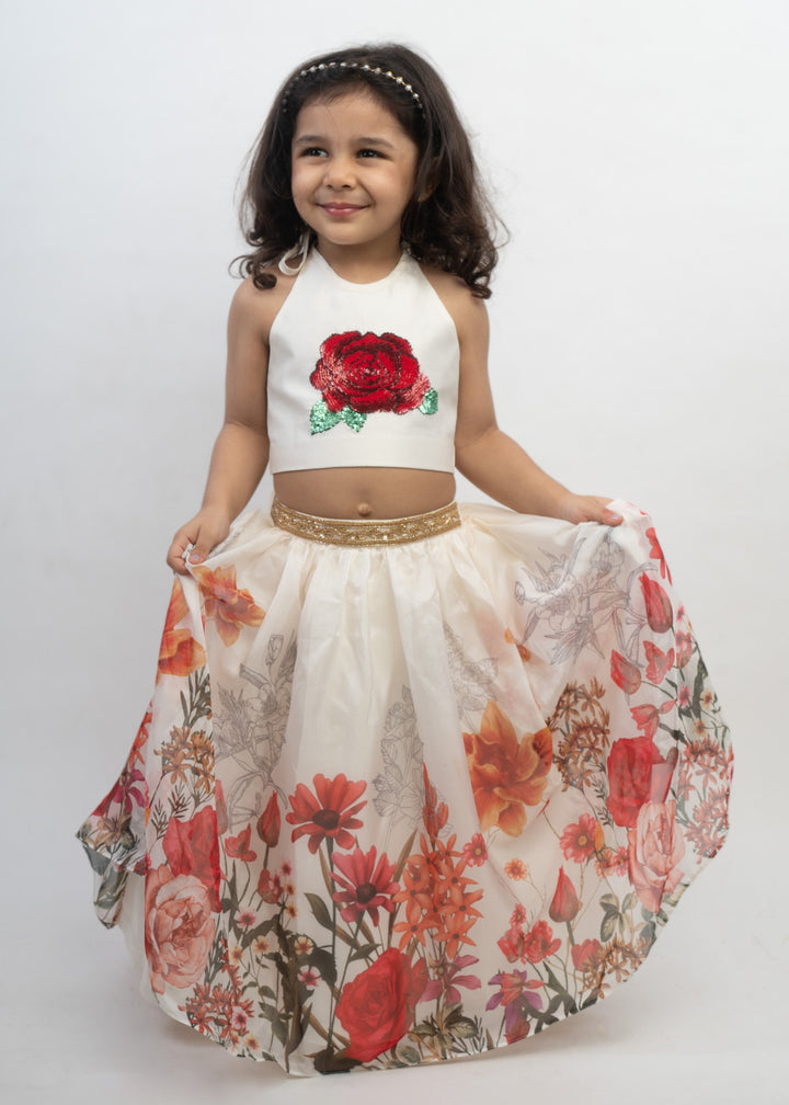 Off White Digital Printed Top With Skirt Set