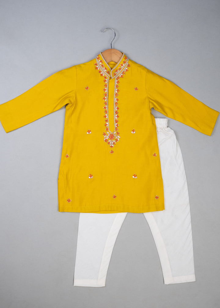 Mustard Cotton Embroidered Knot Kurta With Pyjama Set