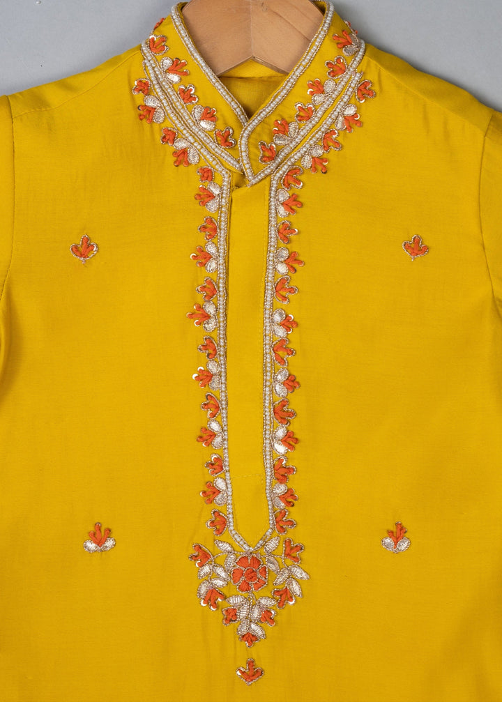 Mustard Cotton Embroidered Knot Kurta With Pyjama Set