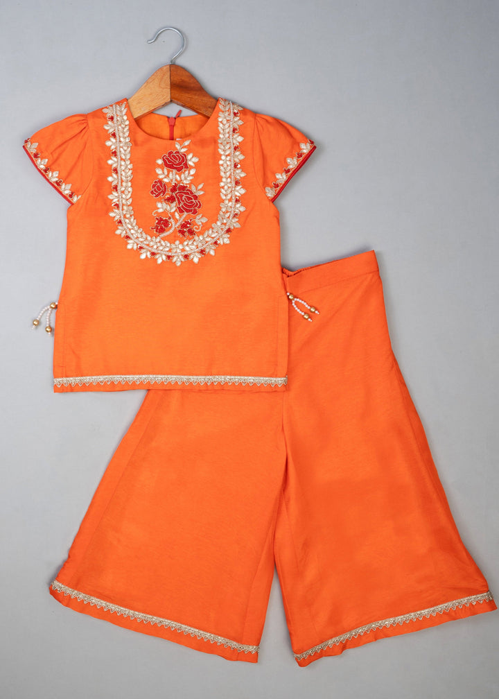 Orange Cotton Knot Embroidered Top With Palazzo Set