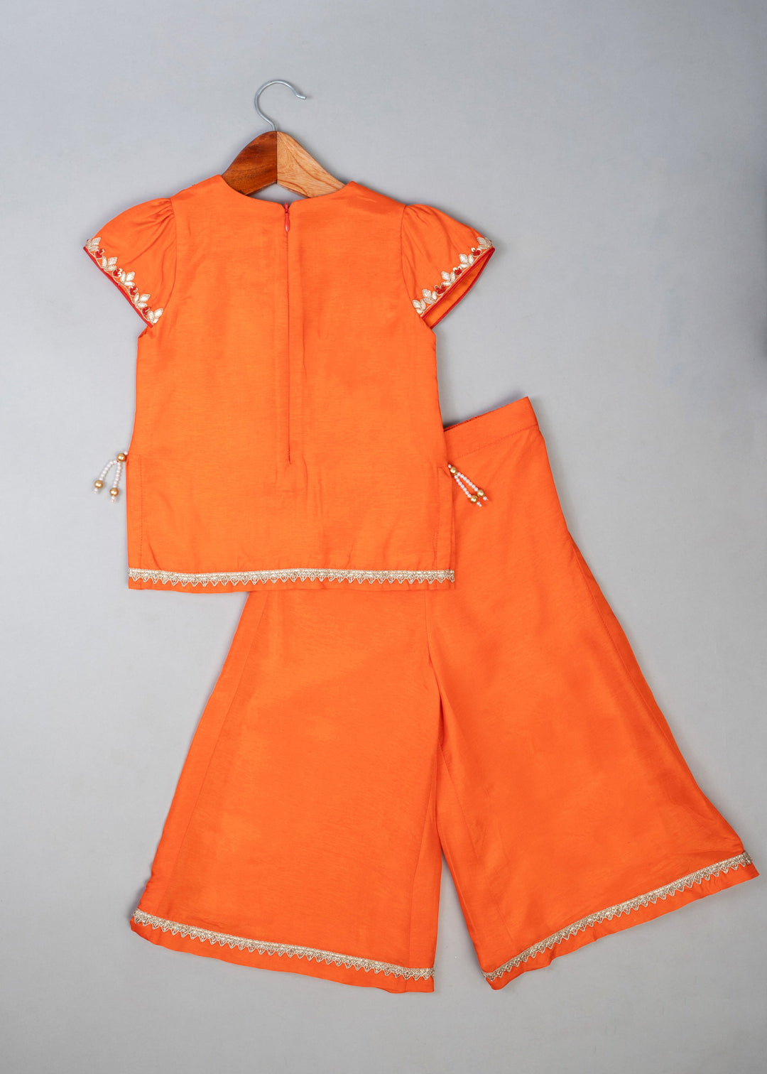 Orange Cotton Knot Embroidered Top With Palazzo Set