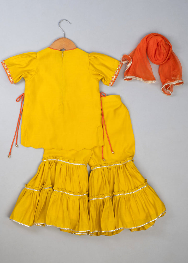 Mustard Cotton Knot Embroidered Kurta With Sharara Set