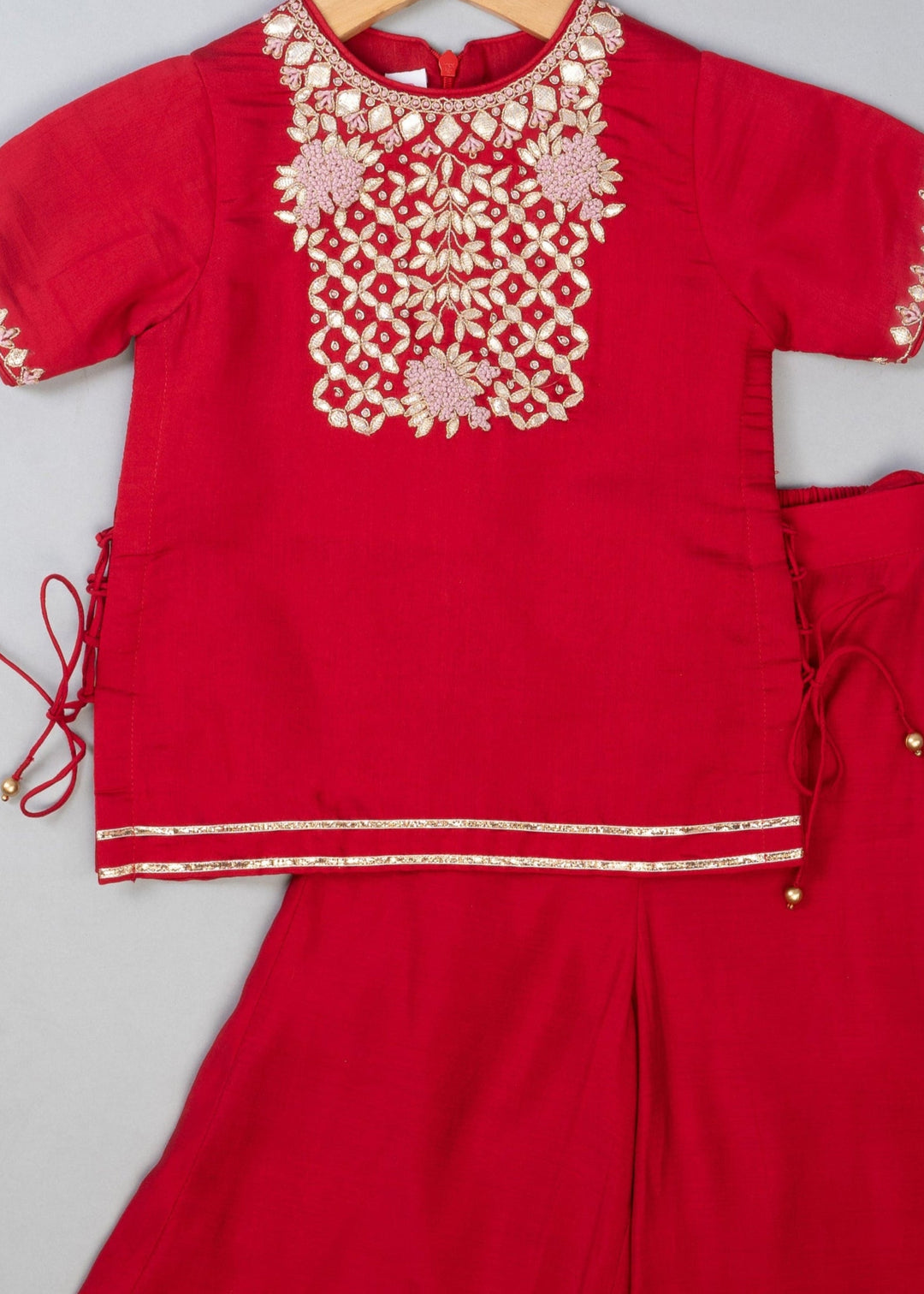 Red Cotton Knot Embroidered Kurta With Palazzo Set