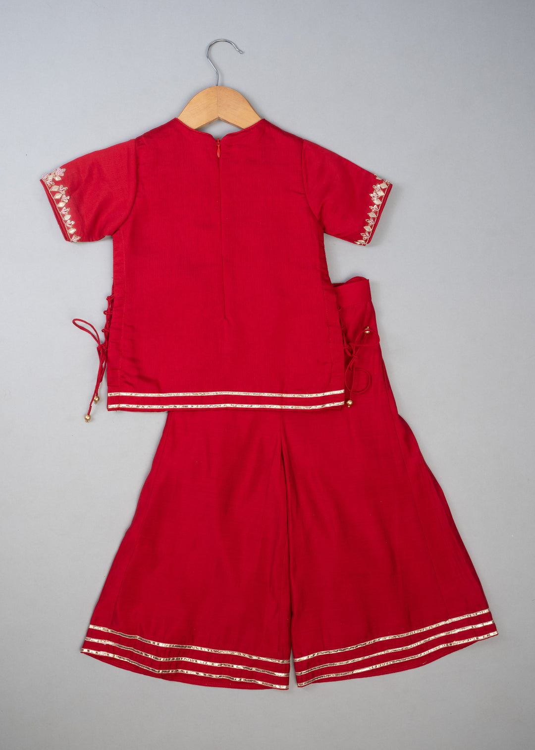 Red Cotton Knot Embroidered Kurta With Palazzo Set