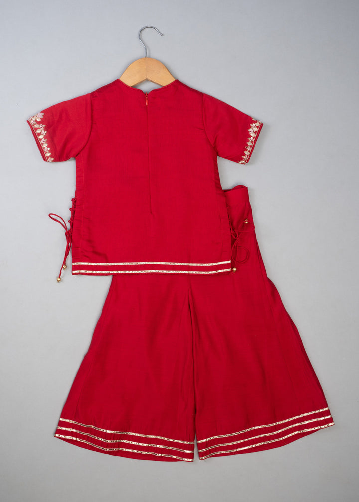 Red Cotton Knot Embroidered Kurta With Palazzo Set